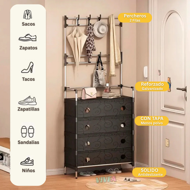 🦾MULTIRACK ZAPATERA 4 NIVELES ANTIPOLVO ➕ Percheros🎁